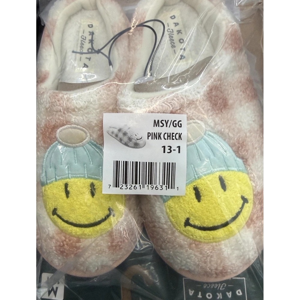 DAKOTA FLEECE Girl's Smiley Cozy Comfort Pink Checkered Slippers, Size 13-1 NWT